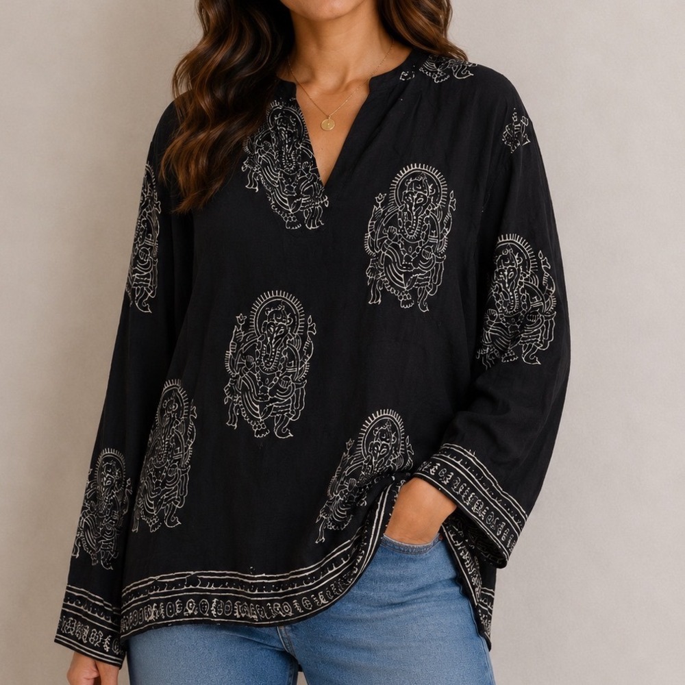 Earthbound Trading Co Ganesha Tunic Top Large Black Boho Spiritual Rayon Shirt